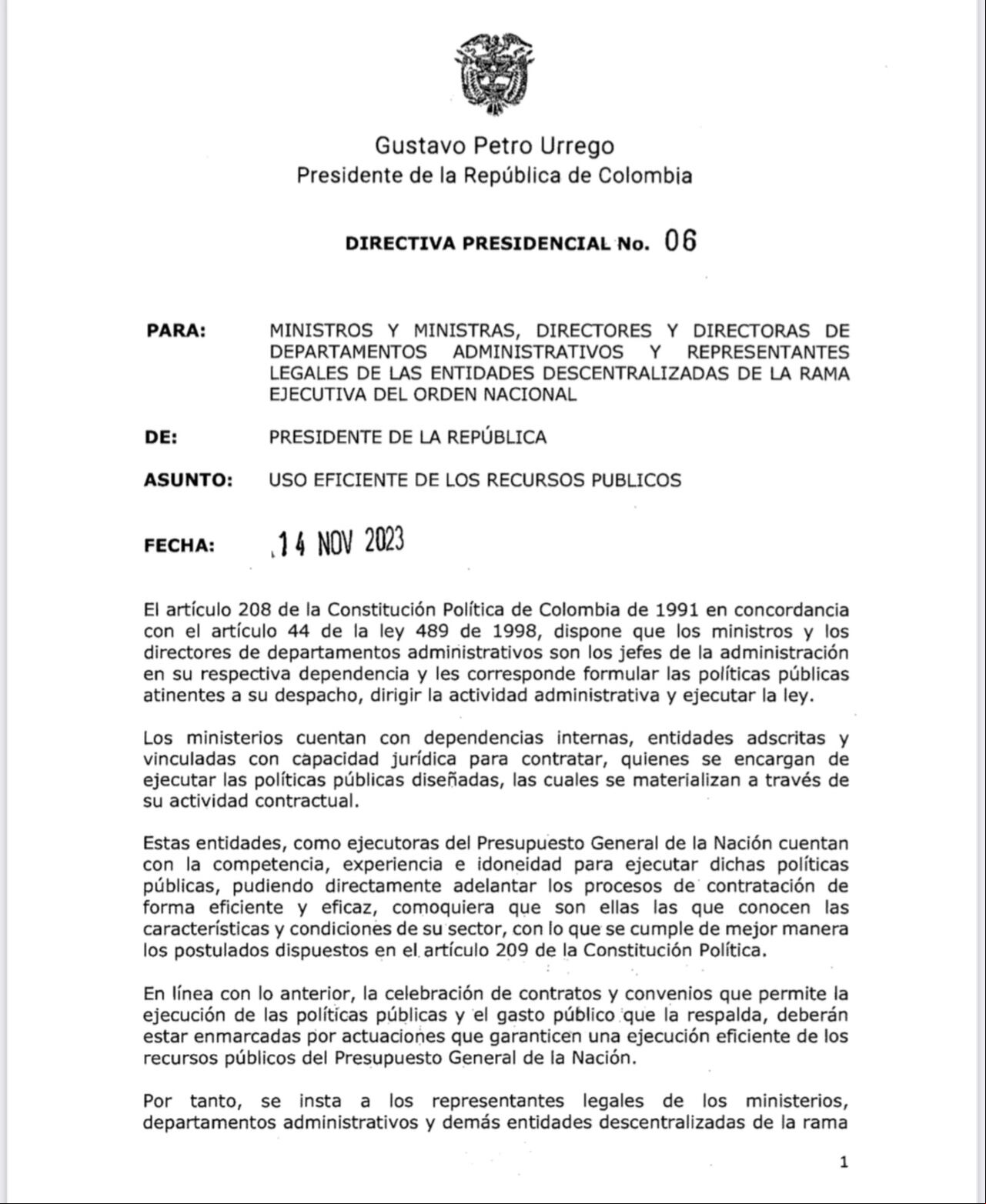 Directiva presidente Petro ministerios