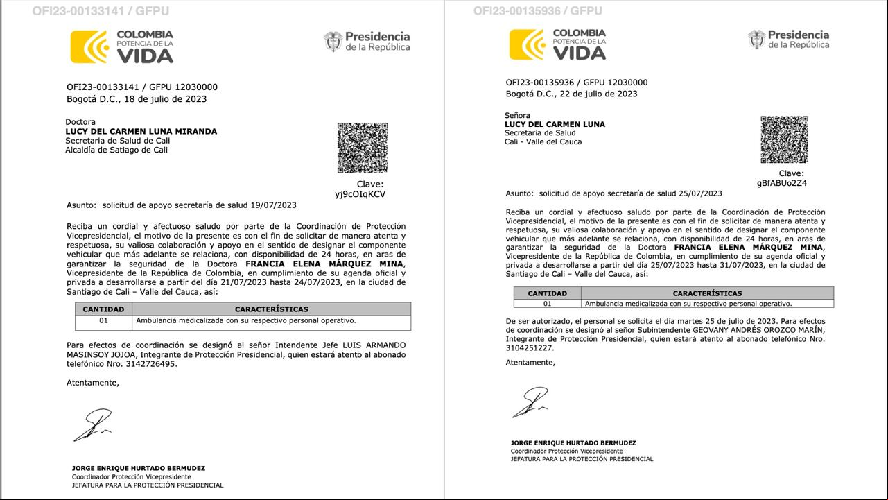 Dos solicitudes de ambulancia de la vicepresidenta Francia Márquez a la Secretaría de Salud de Cali.