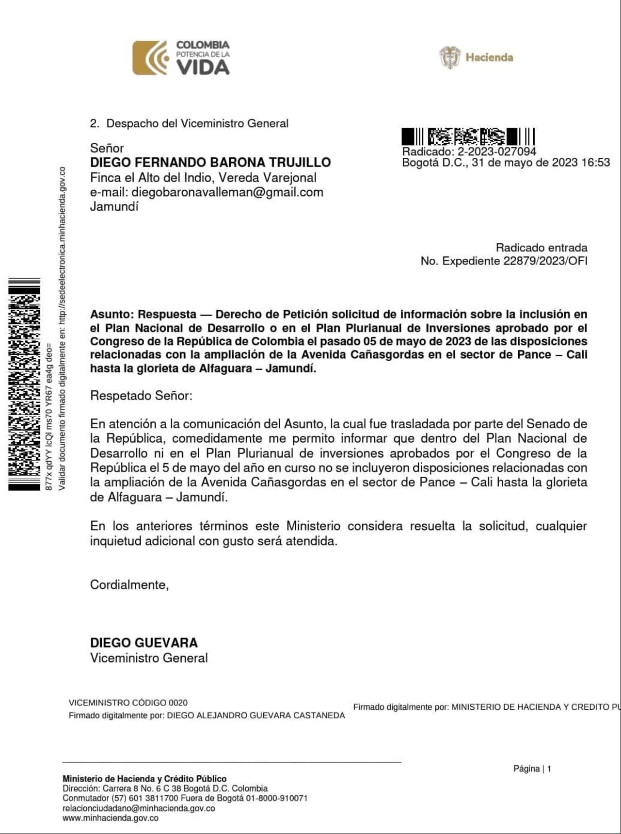 Este es el documento oficial en el que se advierte la no inclusión del proyecto.