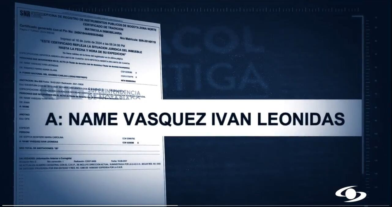 Documento presentado por Noticias Caracol donde se evidencia que el apartamento visitado por Sandra Ortiz y Sneyder Pinilla es del expresidente del Senado Iván Name.