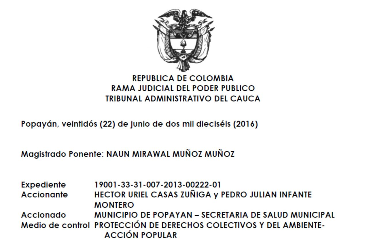 Imagen del encabezado de la Sentencia que, en segunda instancia, decidió la acción popular.