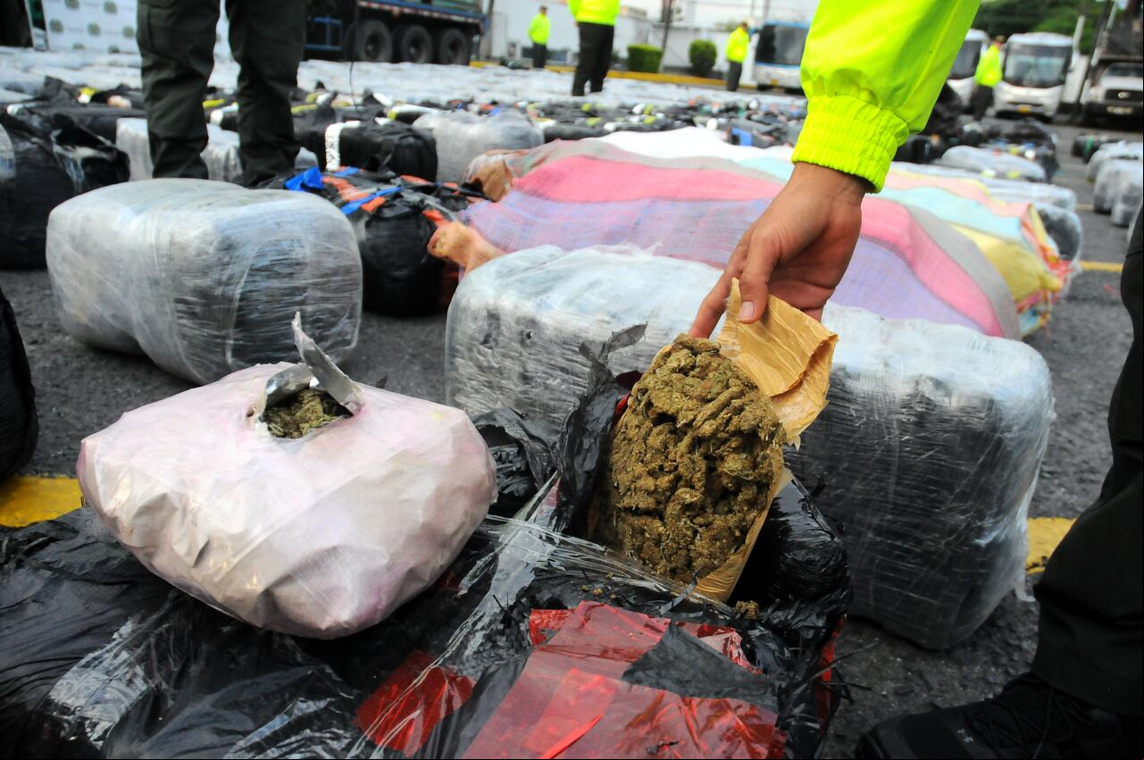 Cali: Decomiso de 5620 kilos de marihuana de un parqueadero en el barrio los álamos al norte de la ciudad de Cali, convirtiéndose en uno de los más grande delos últimos años. foto José L Guzmán. EL País.