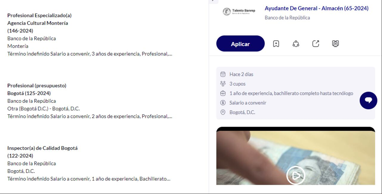 Estas son algunas de las vacantes que el Banco de la República abrió. Consulte más información en Magneto 365.