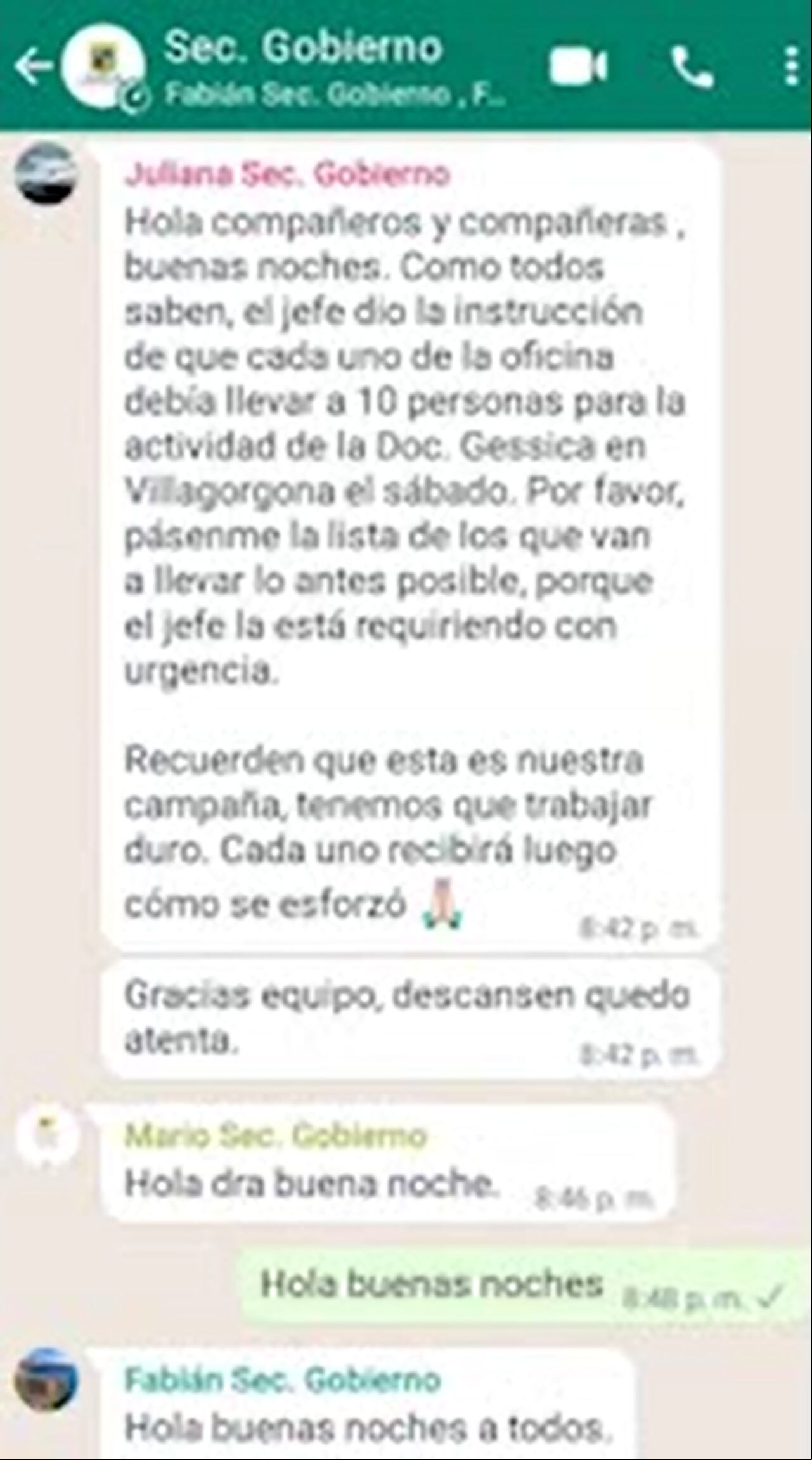 El chat de WhatsApp donde se invitan a funcionarios a participar en un evento de una candidata a la Alcaldía de Candelaría.