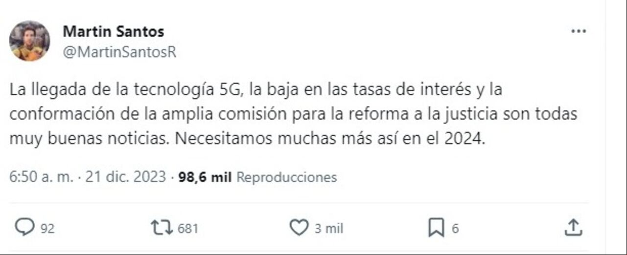 El hijo del expresidente, Martín Santo, elogió algunas de las propuestas de Gustavo Petro.