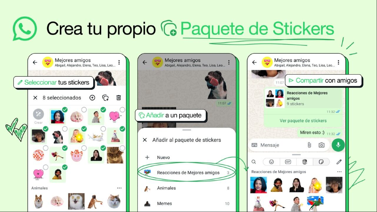 Estas carpetas permiten organizar los stickers según contexto, emoción o temática: reacciones, fútbol, famosos, memes, objetos, etc.
