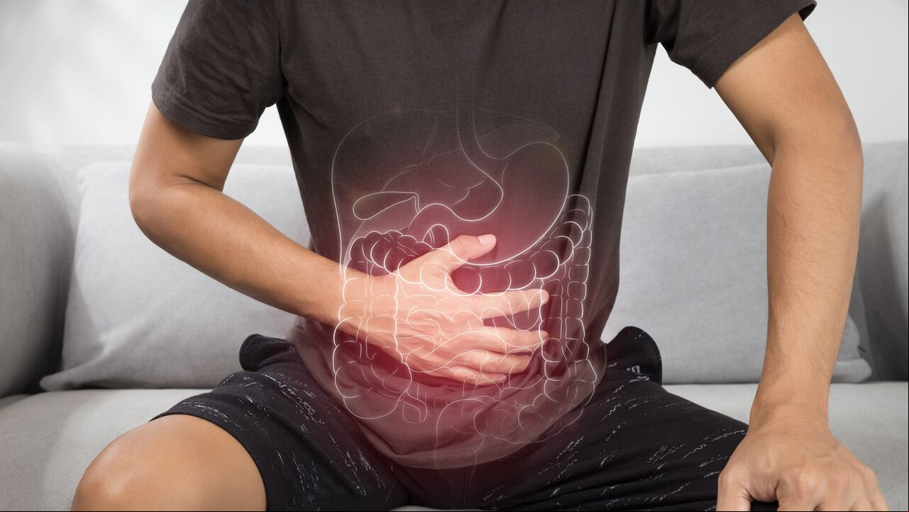 Illustration of internal organs is on the man body.