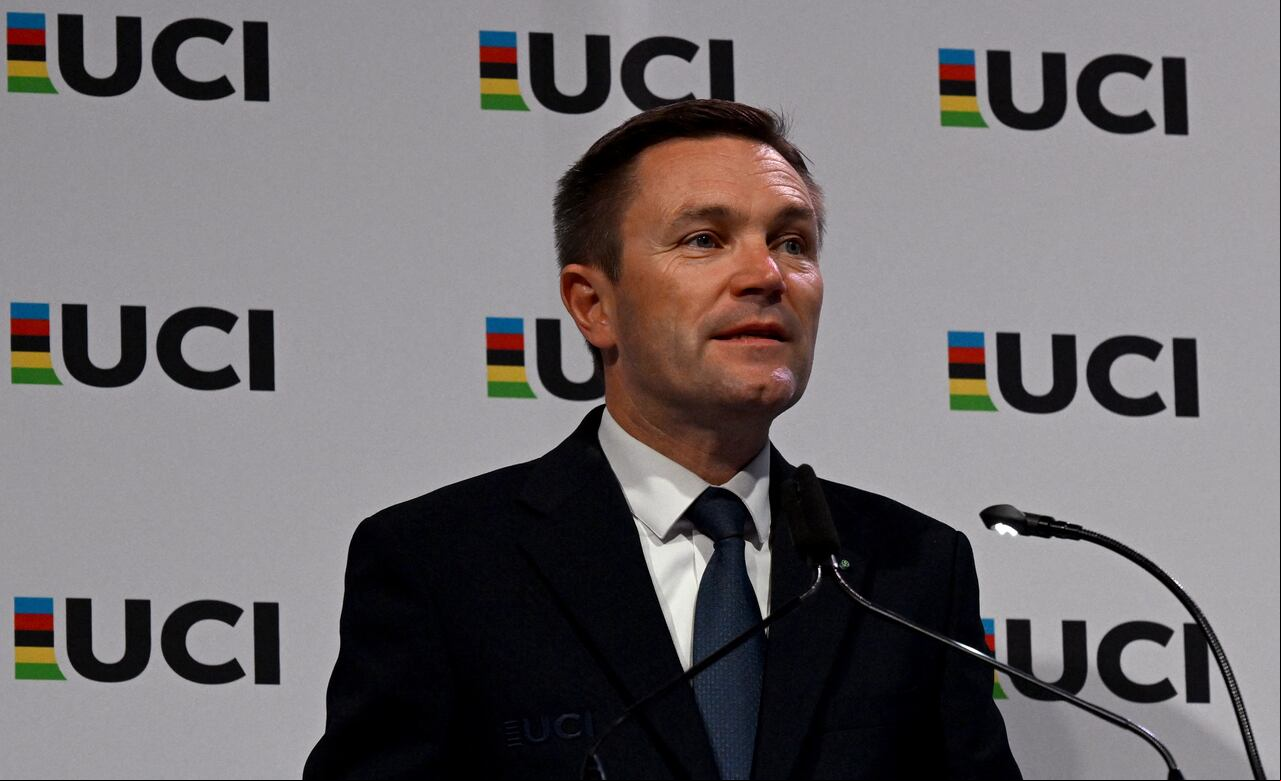President of the UCI David Lappartient speaks after the announcement that Haute-Savoie in will host the 2027 UCI Cycling World Championships, at the UCI 2022 Road World Championship in Wollongong on September 22, 2022. (Photo by William WEST / AFP) / --IMAGE RESTRICTED TO EDITORIAL USE - NO COMMERCIAL USE--