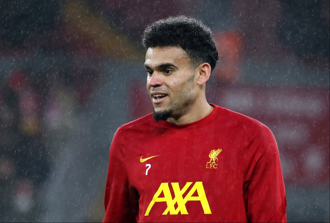 LIVERPOOL, ENGLAND - JANUARY 05: (THE SUN OUT, THE SUN ON SUNDAY OUT) Luis Diaz of Liverpool looks on during the warm up prior to the Premier League match between Liverpool FC and Manchester United FC at Anfield on January 05, 2025 in Liverpool, England. (Photo by Liverpool FC/Liverpool FC via Getty Images)