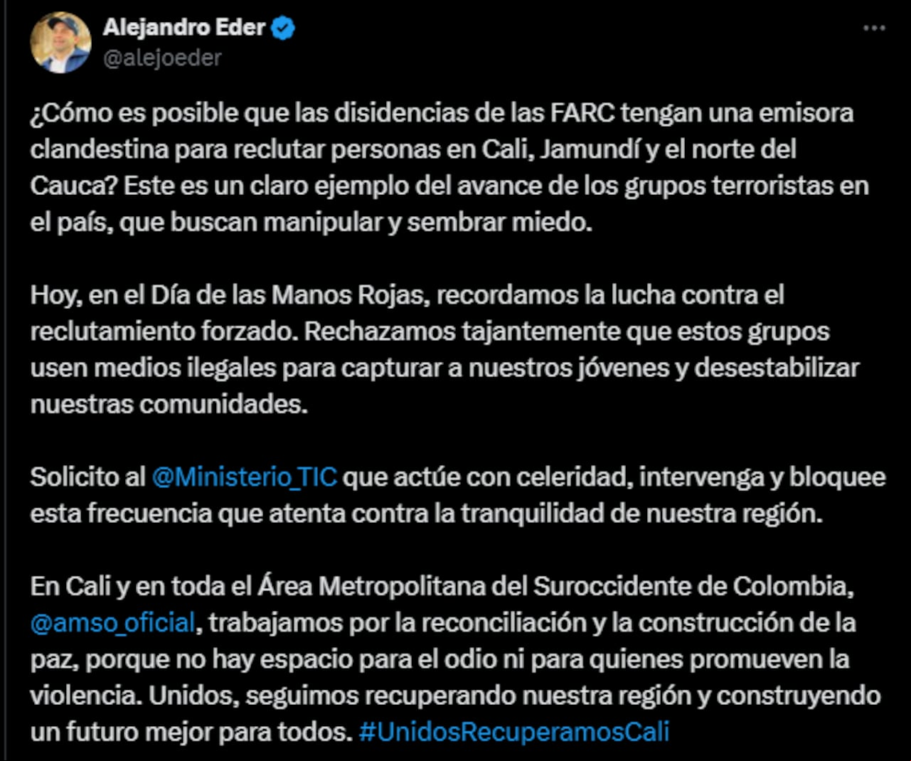 Este fue el mensaje emitido por el alcalde Alejandro Eder.