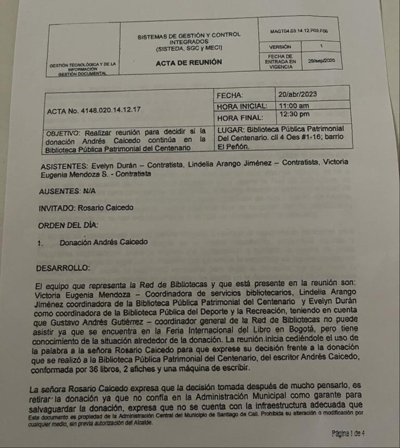 Acta de retiro del archivo de Andrés Caicedo.