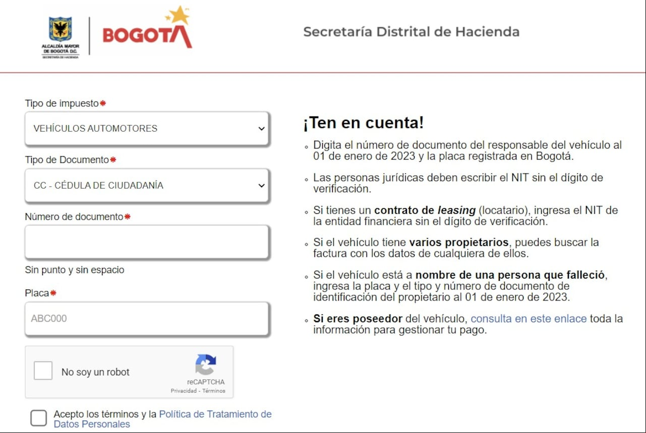 Cuando se encuentre dentro de la Oficina Virtual de la Secretaría Distrital de Hacienda, se deberá llenar los datos que se muestran en esta ilustración para poder realizar el pago del impuesto vehícular.