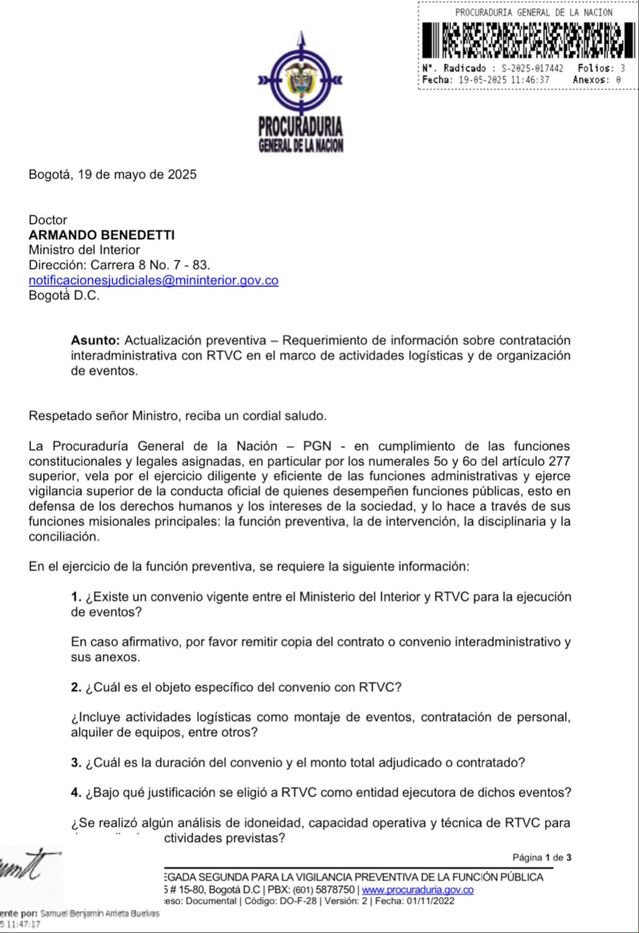 Cuestionario de la Procuraduría dirigido a Armando Benedetti.