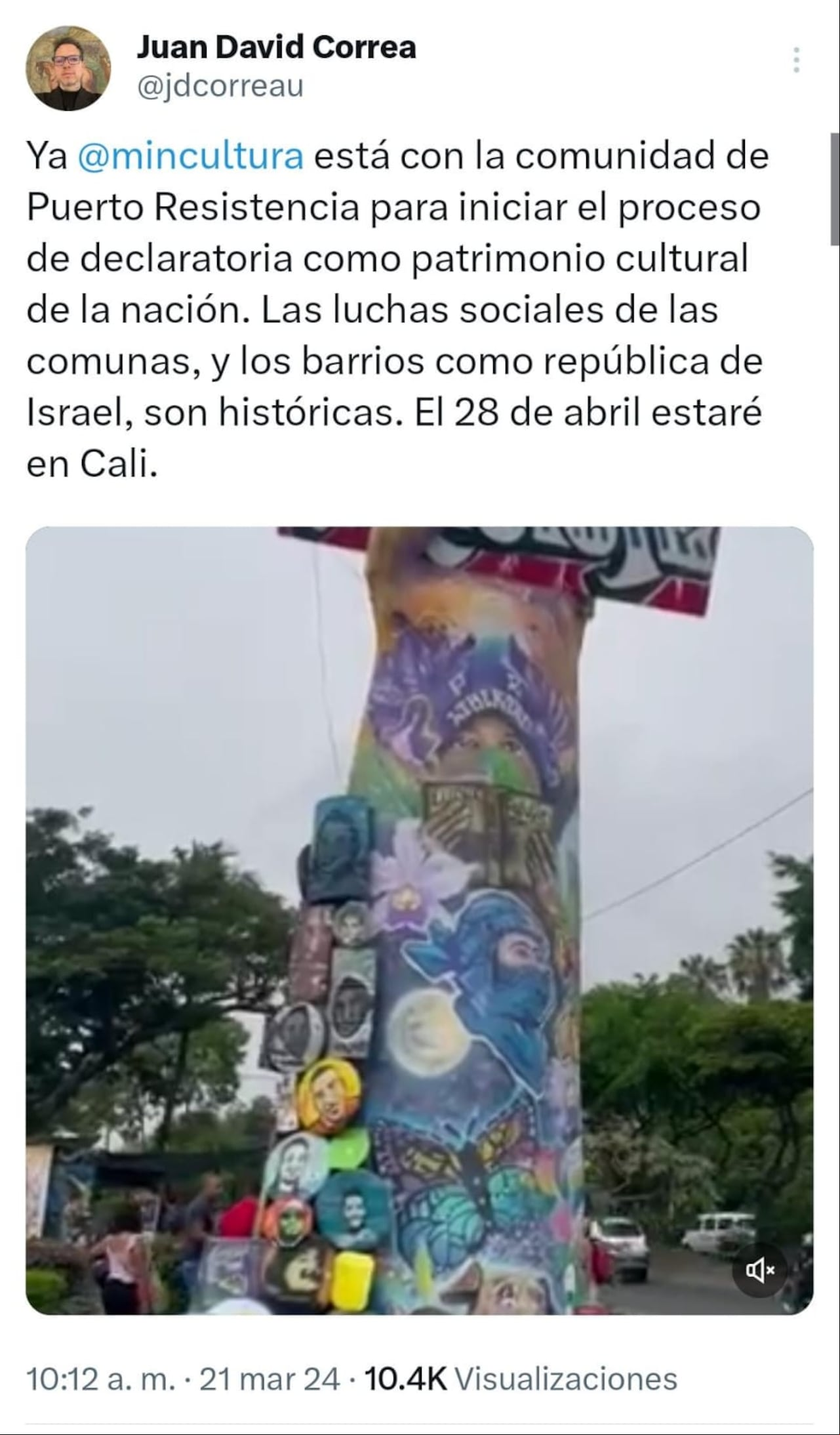 Juan David Correa, ministro de cultura, expresó que ya esta cartera se encuentra en el proceso de declaratoria de patrimonio cultural este monumento en Cali.