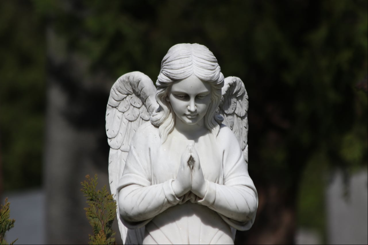 angel made of stone from the front, spread wings, praying hands, only upper body, central cemetery, vienna