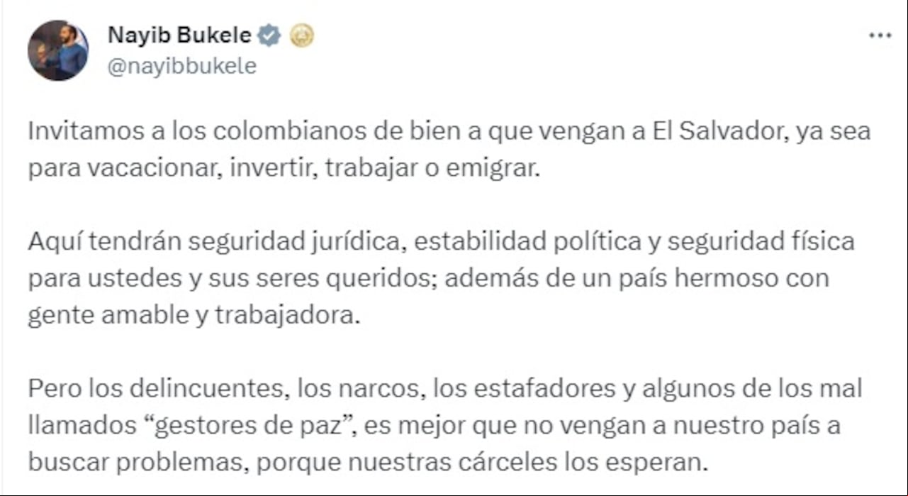 Trino de Nayib Bukele invitando a los colombianos a invertir en El Salvador.