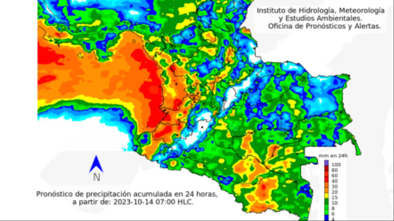 Pronóstico de precipitación acumulada en 24 horas para el día sábado 14 de octubre.