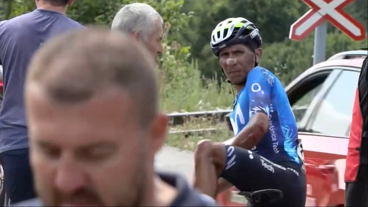 Nairo, bastante golpeado tras la caída que sufrió en la segunda etapa de la Vuelta a Burgos 2024.