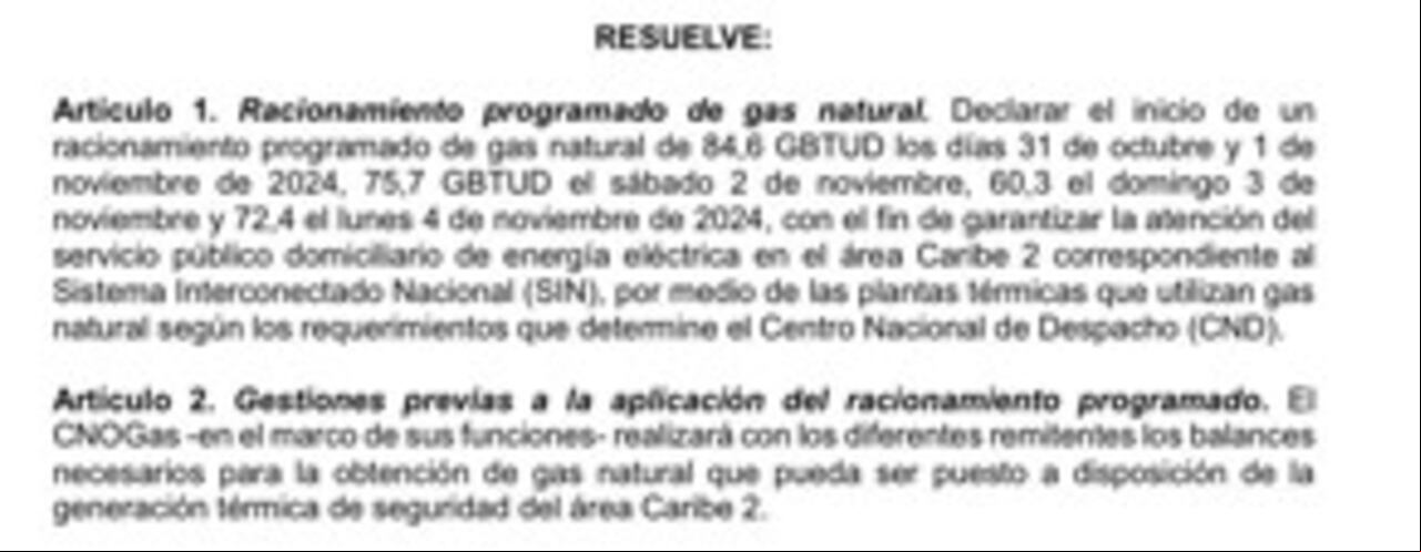Borrador de resolución para racionamiento programado de gas