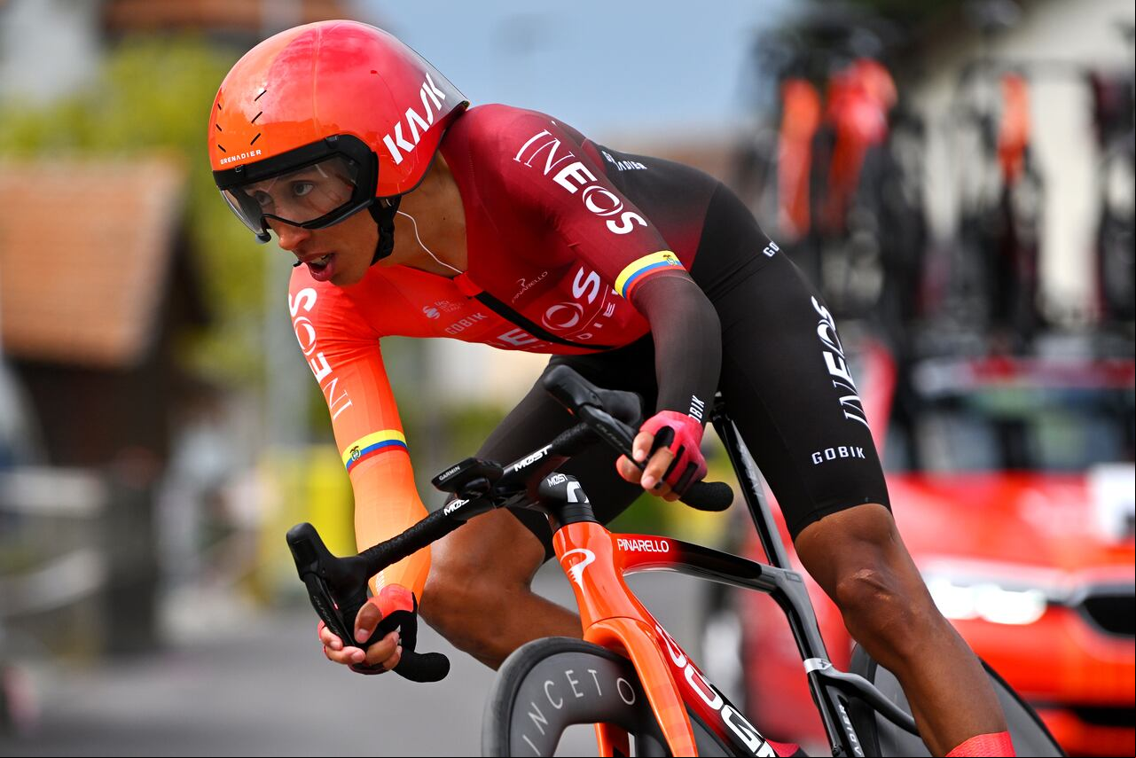 PAYERNE, SWITZERLAND - APRIL 23: Egan Bernal of Colombia and Team INEOS Grenadiers sprints during the 77th Tour De Romandie 2024 - Prologue a 2.28km individual time trial stage from Payerne to Payerne / #UCIWT / on April 23, 2024 in Payerne, Switzerland. (Photo by Luc Claessen/Getty Images)
