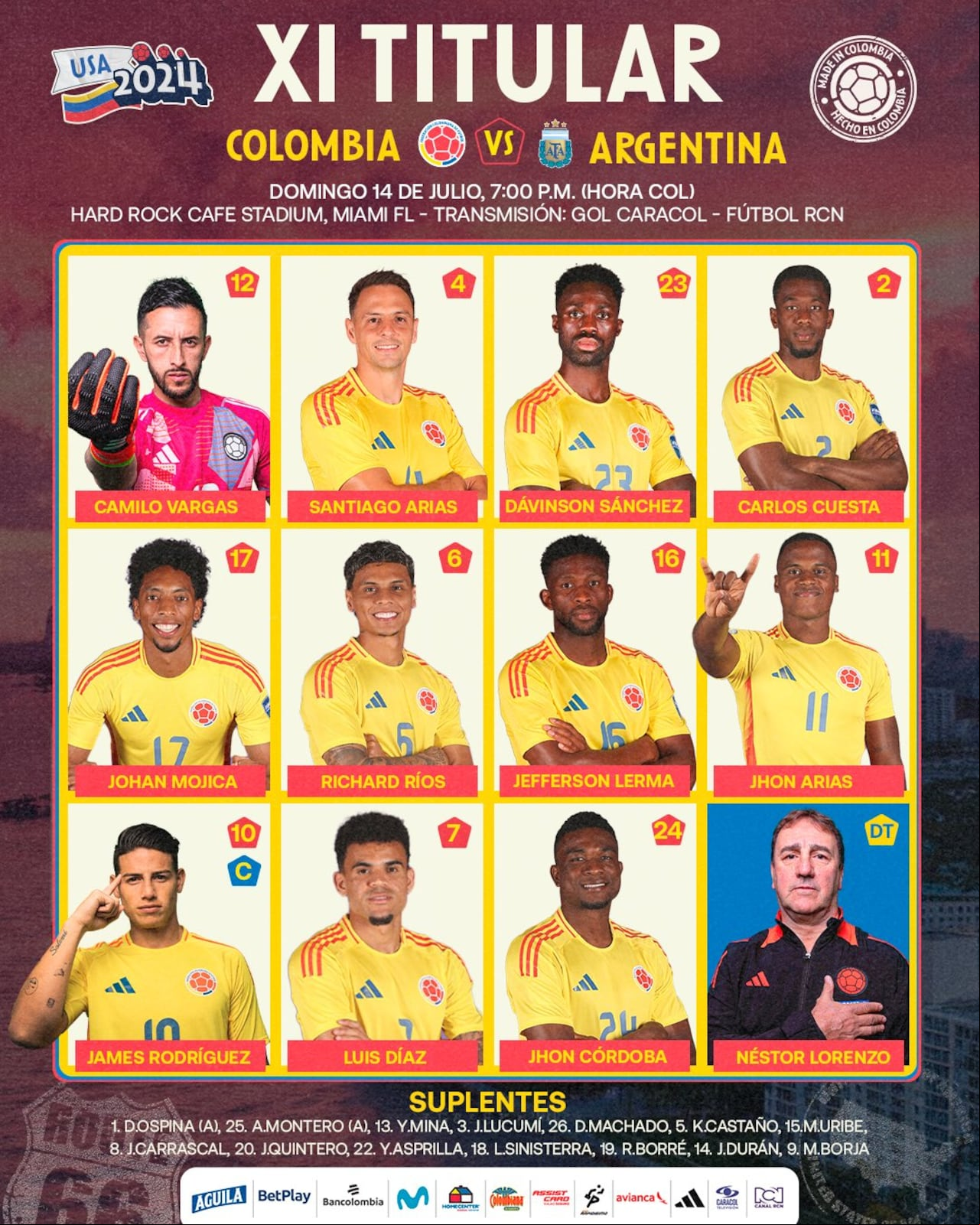 Formación titular de la Selección Colombia para enfrentar a Argentina en la final de la Copa América 2024.